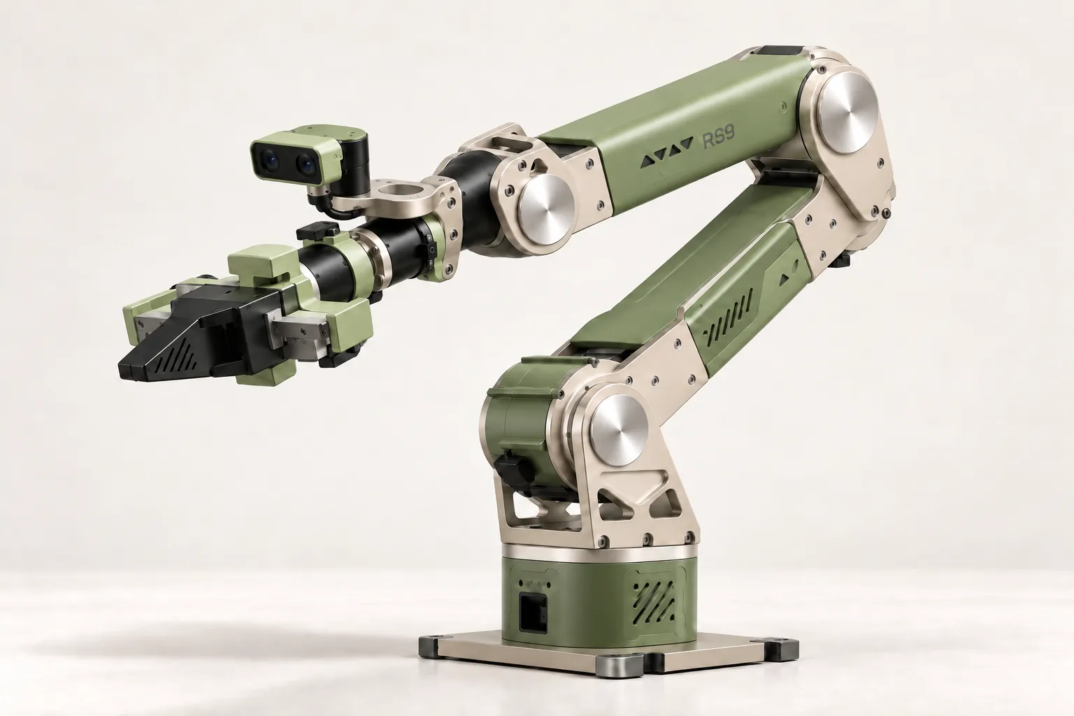 Tælon T1 benchtop robot arm in sage green with champagne metal, gripper extended