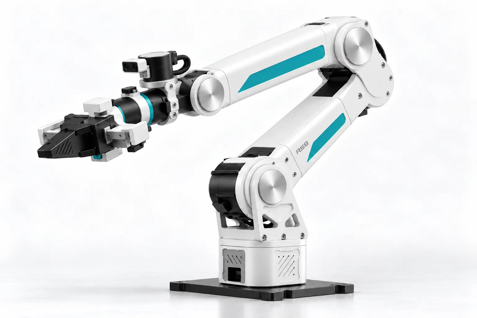 Tælon T1 benchtop robot arm in white with teal accents, gripper extended