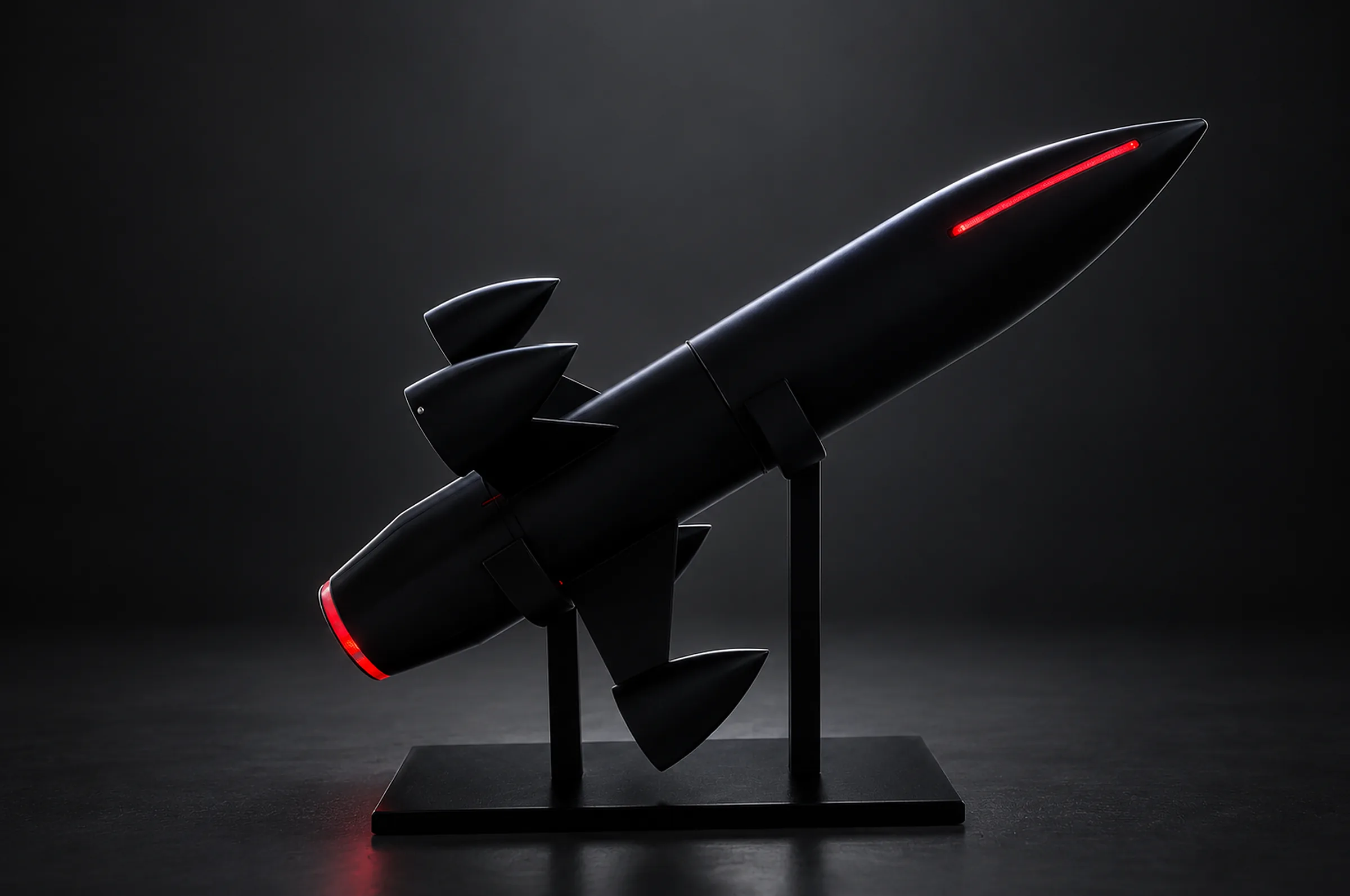 Project Akali interceptor drone, matte black airframe with canard fins and red accent lighting, on a stand in a dark studio